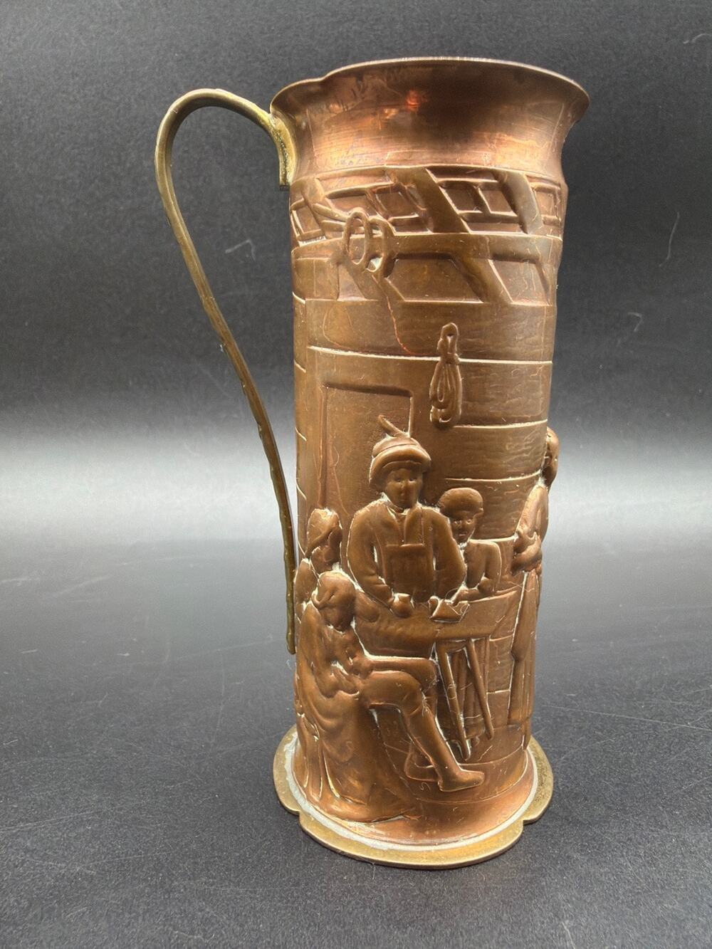 Vintage Mini Copper Pitcher Embossed Tavern Pub Scene Brass Handle 4” Figural